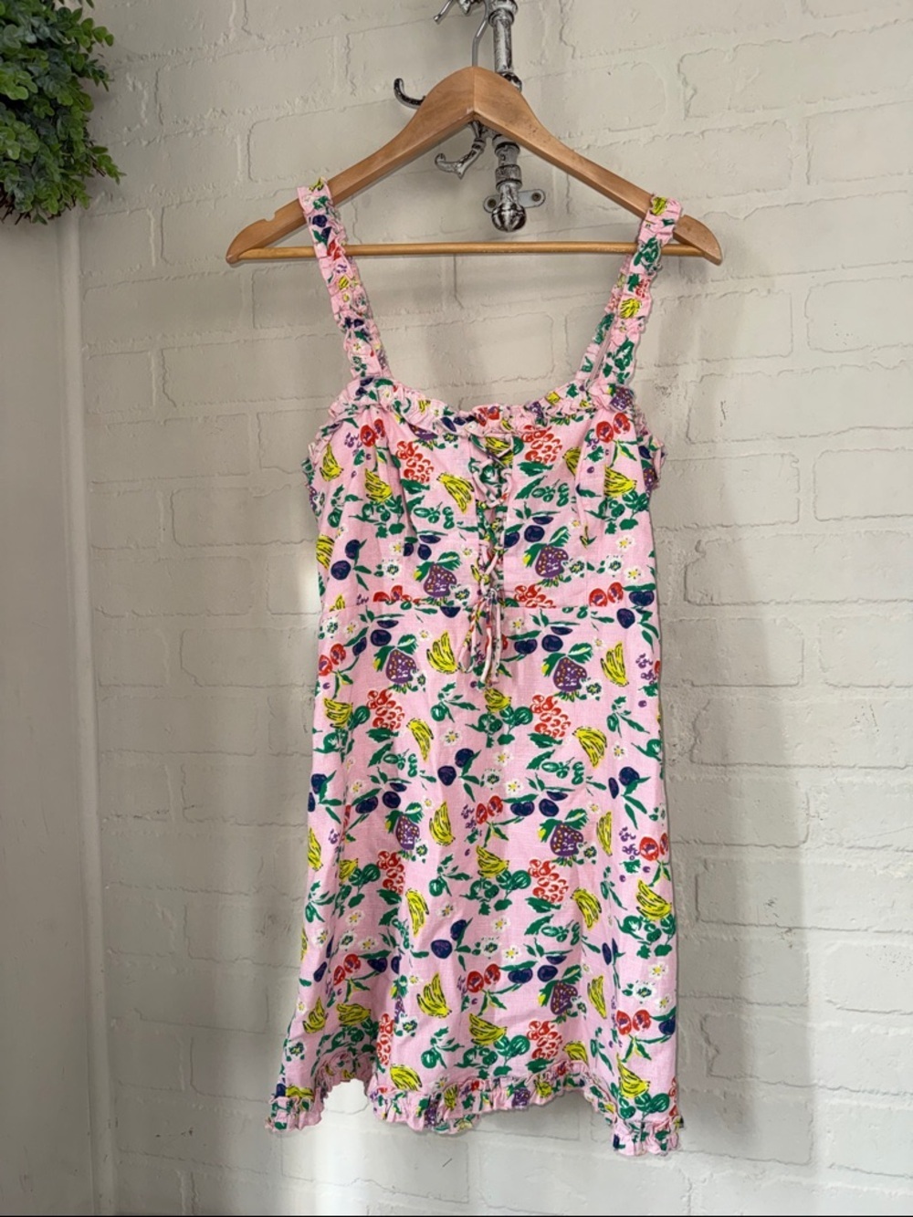 Urban Outfitters Pink Fruit & Floral Tie-Front Mini Dress medium cotton